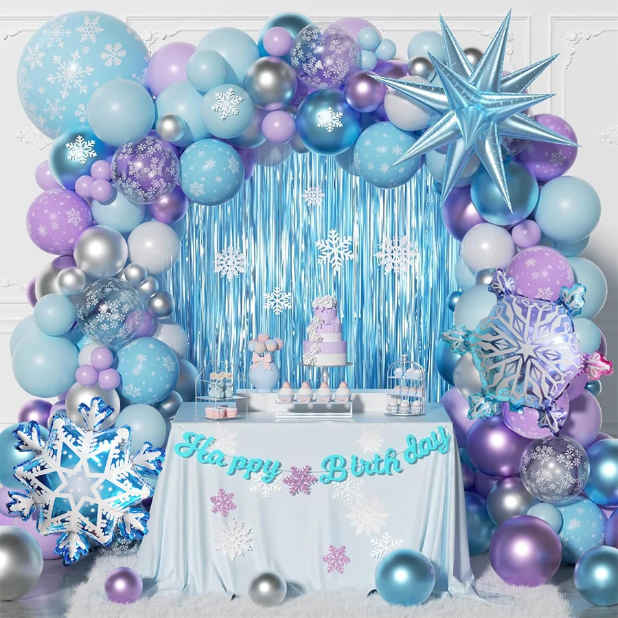 Blue Purple Sliver White Frozen Snowflake Balloon Arch Garland Kit for Winter Wonderland Birthday Snow Queen Party Decorations