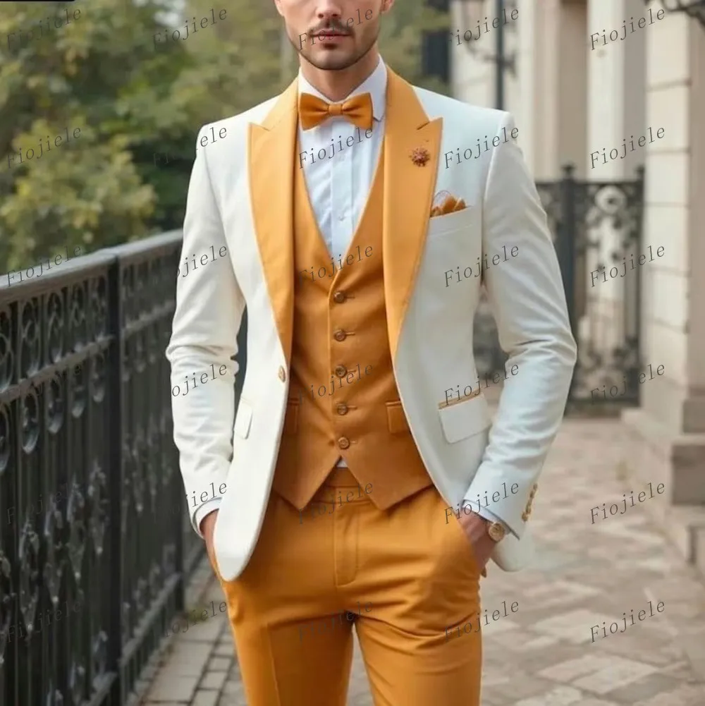 

White And Yellow Groom Men Suits Formal Wedding Party Male Tuxedos Bridegroom Groomsman Costume 3 Piece Set Blazer Vest Pants 01