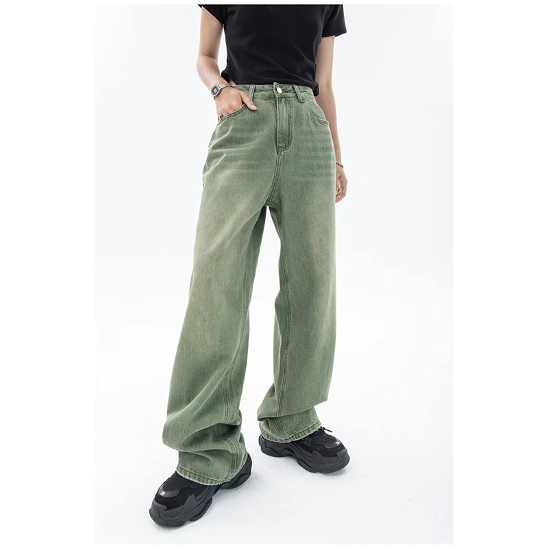 Vintage Green Women\'s Jeans Fashion Trousers Streetwear High Waist Wide Leg Summer Y2K Baggy Casual Straight Mom Denim Pants