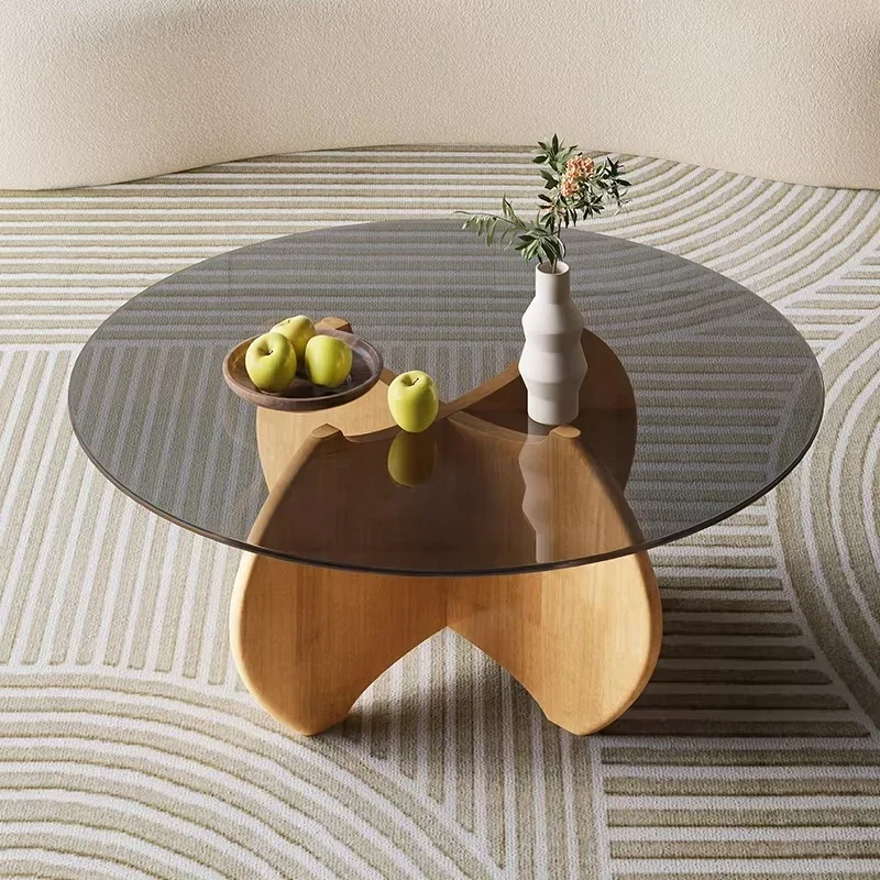 

-Glass Coffee Table Living Room Household Modern Minimalist Oak Tea Table Luxury Scandinavian Designer Creative Coffee Table