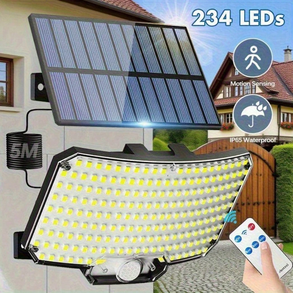 Solar LED Wall Light Outdoor Split Motion Sensor Security Floodlight 234 Bulbs 1500mAh Remote Control for Garage Yard