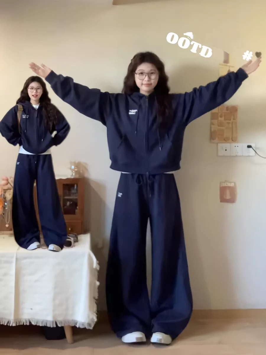 

Американский повседневный комплект спортивной одежды, женский весенне-осенний свободный ленивый стиль, толстовка с капюшоном, длинные брюки, модный костюм из двух предметов