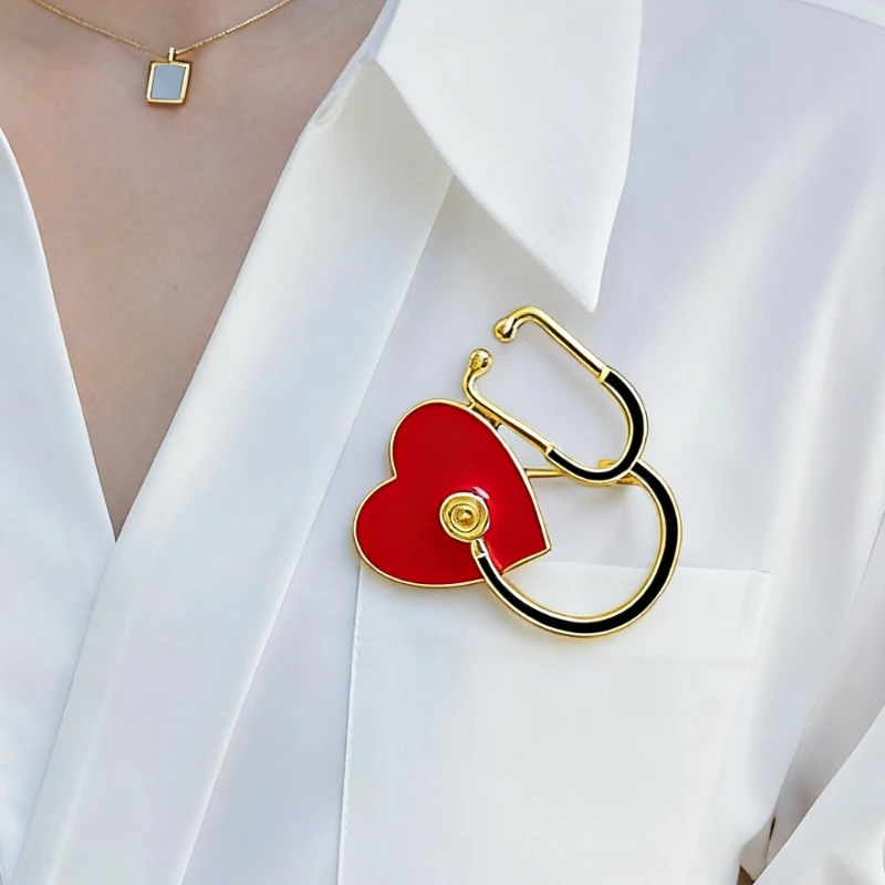 New Creative Stethoscope Enamel Clothing Pins for Women Red Heart Black Tube Women's Brooches Fashion Jewelry Suit Accessories