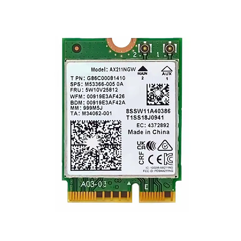 AX211NGW Tri Band 2.4G/5G/6Ghz WI-FI 6E Wireless Wifi Card Network Adapter BT 5.3 AX211 M.2 KeyE CNVio2 Windows10