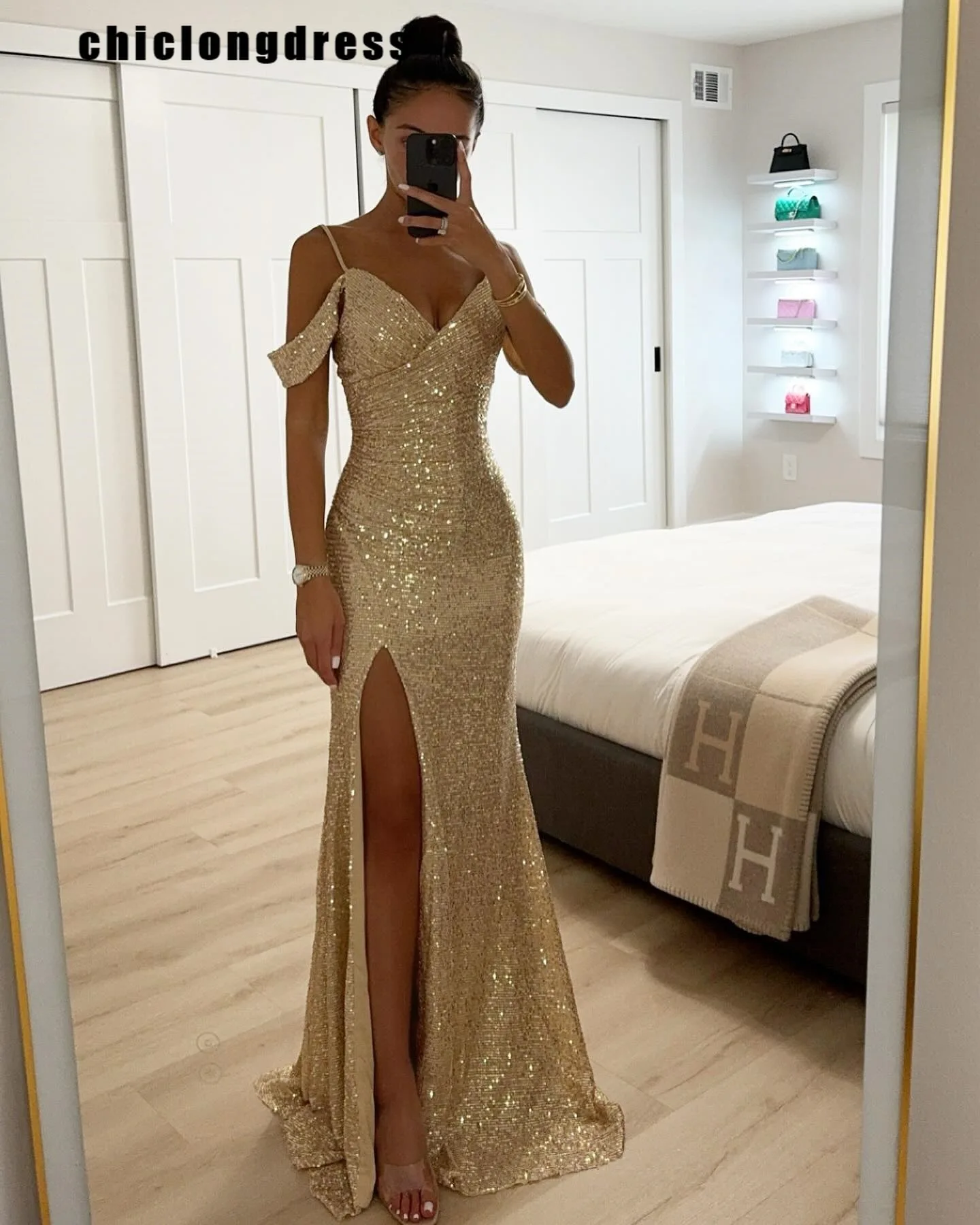 

Autumn Sexy Sequin Party Evening Dress Women Fashion Solid Off Shoulder Suspender Slit Sequin Dress Women