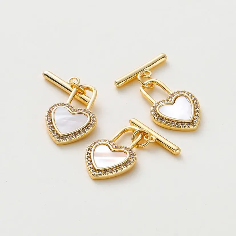 2pcs/bag 18K Gold Color Platinum Plated Heart Lock Shape OT Toggl Clasps With Shell Connectors For DIY Jewelry Making Supplies