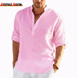 Camiseta de lino de manga larga para hombre, camisa informal holgada de Color sólido, de algodón y lino, talla grande, novedad de 2023