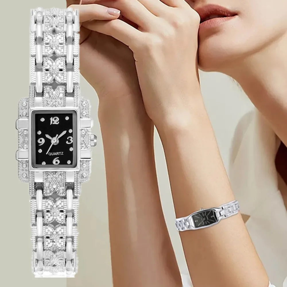 Luxury Women Watches Silver Metal Ladies Bracelet Watch Simple Square Rhinestone Quartz Wrist Watches For Woman montre femme