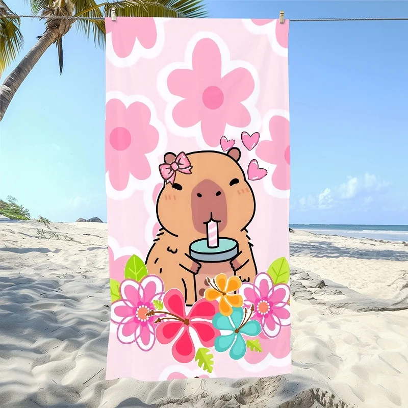 Newest Beach Towel Cute Pink Flower Capybara Bubble Tea Print Beach Towel Soft Microfiber Romantic Summer Towel