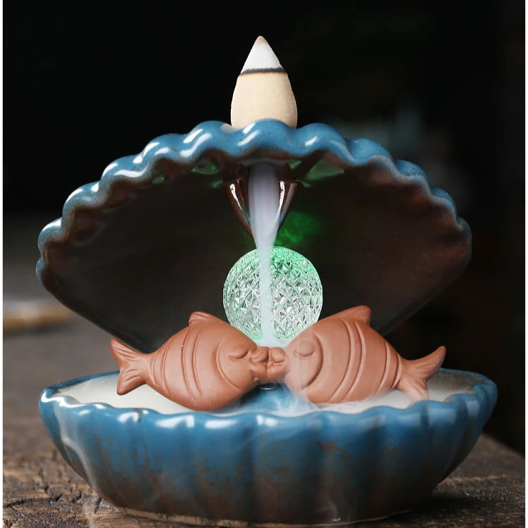 Creative Shell Mermaid LED Ceramic Crafts Home Decoration Ornaments Reverse Flow Incense Burner