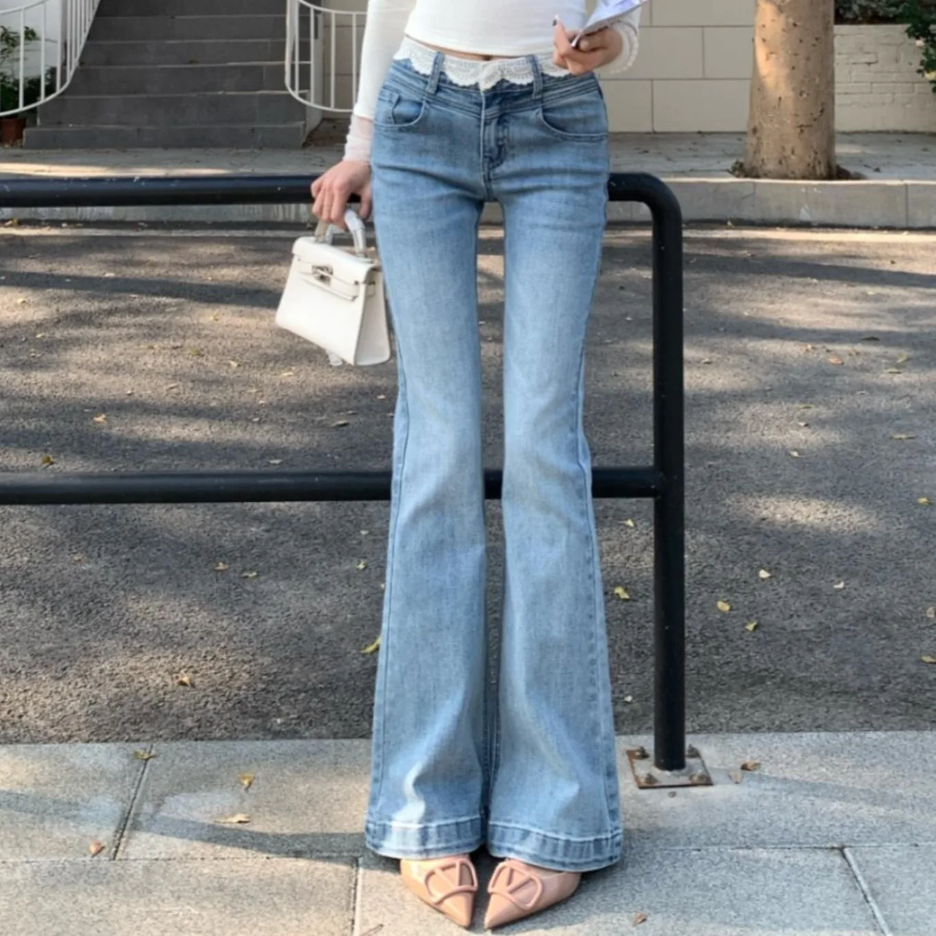 

High Waist Bell Bot Jeans Women's Lace Detail Elastic Slimming Spring 2025 Design Sensation Versatile Low Waist Jeans