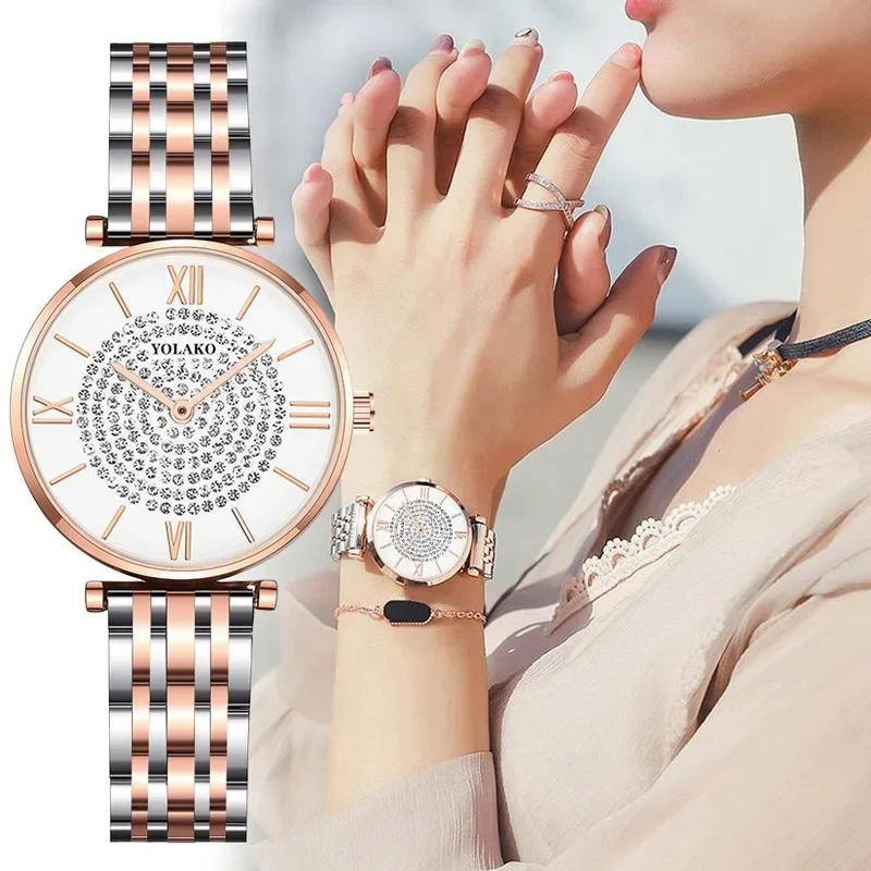 Gypsophila Diamond Design Women Watches Fashion Silver Round Dial Stainless Steel Band Quartz Wrist Watch Gifts relogiosfeminino