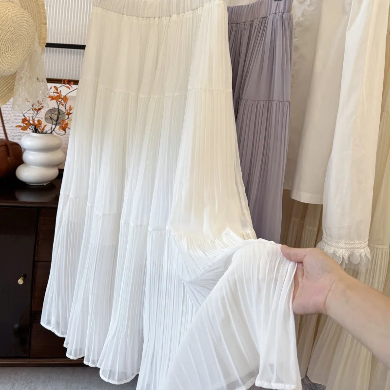 French Retro High-Waisted Pleated Chiffon Skirt Romantic Super Fairy Long Umbrella Skirt Slim Fit Big Swing for Women