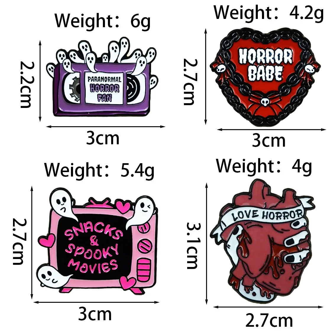 4PCS Horror Enamel Pin Set, Halloween Spooky Brooches, Paranormal Horror Fan Heart Anatomy Snack and Spooky Movies Goth Badge