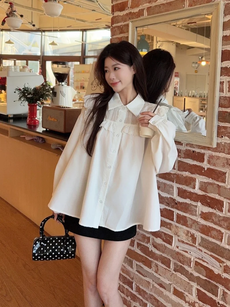 

Корейский топ-блузка в стиле кэжуал с кружевными вставками, свободного кроя, для женщин, весенняя новинка, облегающий, повседневный, в стиле кэжуал