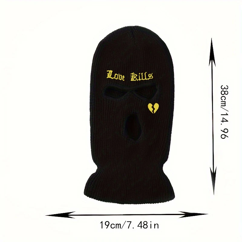 1 Pc Warm Autumn Winter 3 Hole Love Letter Embroidered Skiing Mask Outdoor Cycling Hood, Balaclava Hat