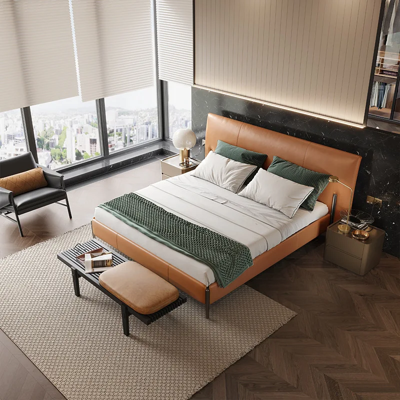 Genuine leather 1.8 meters Napa leather solid wood double villa master bedroom marriage bed