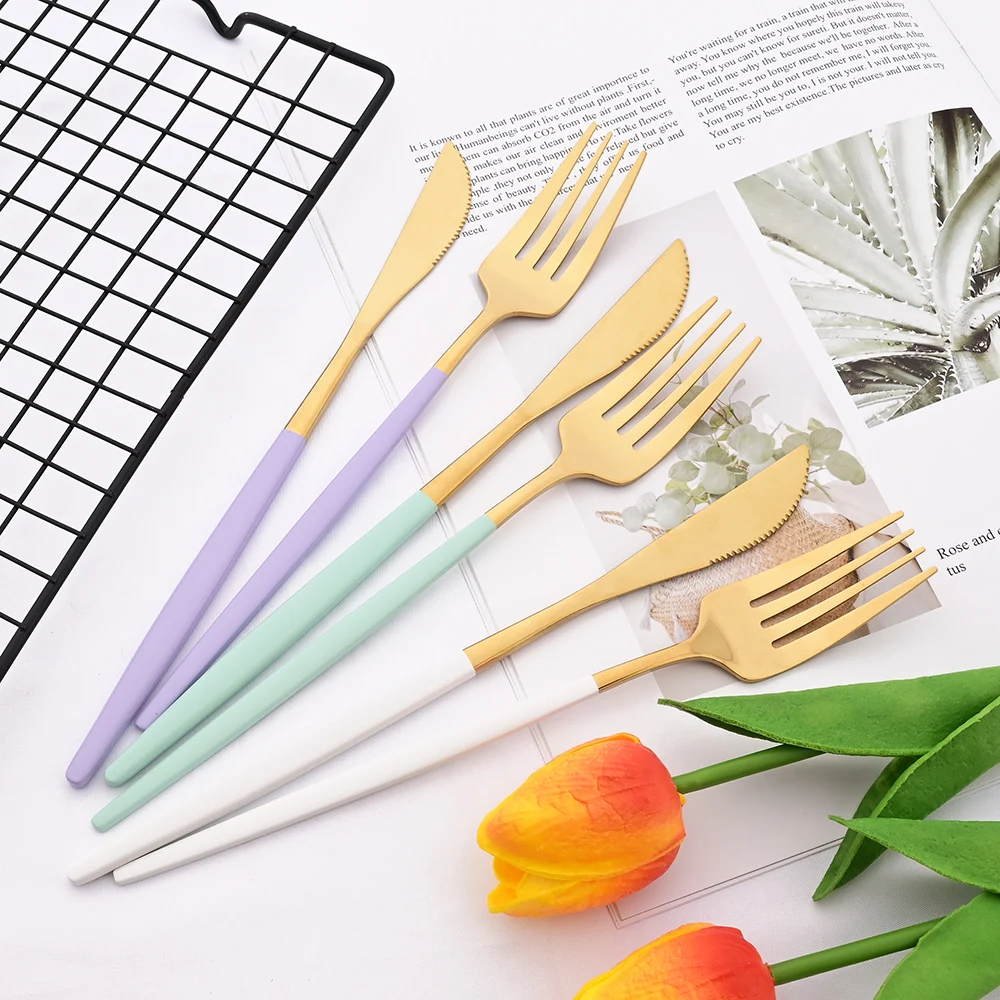 24Pcs Colorful Dinnerware Set Stainless Steel Gold Flatware Knife Fork Teaspoon Silverware Cutlery Set Western Kitchen Tableware