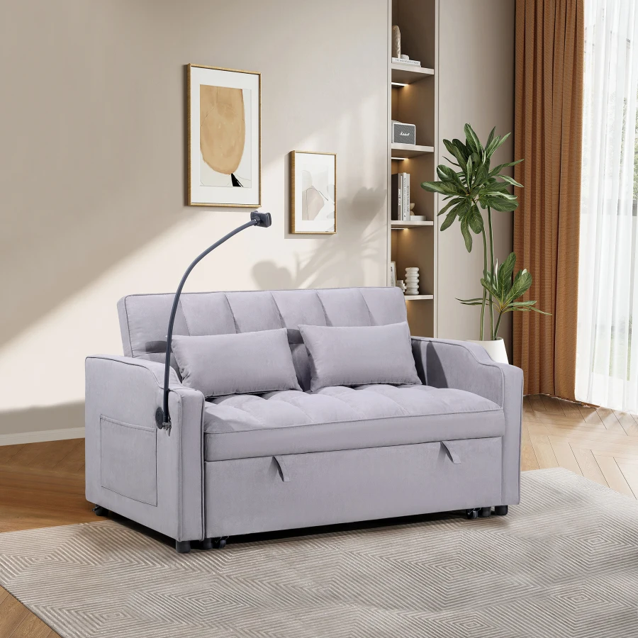 1 multifunctional foldable sofa bed with 3 different lengths, modern sofa, upgraded suede fabric, adjustable backrest, gray col