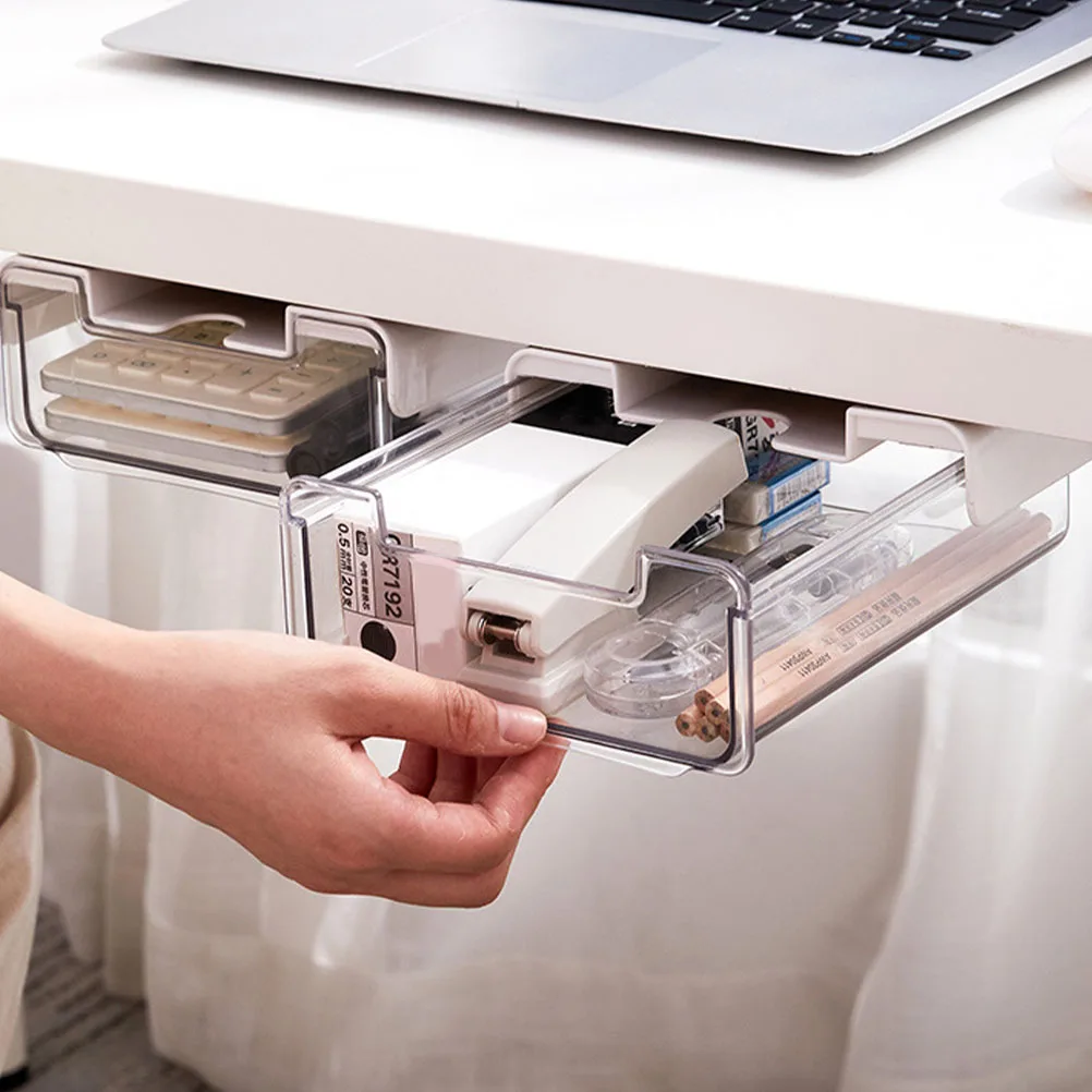 

PET Storage Boxes Hidden Desk Drawers Transparent Nail Free Double Adhesive Small Big Function Under Table Stationery for Living