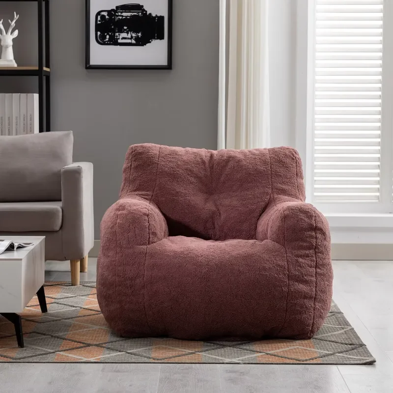 Custom Soft Teddy Fabric Tufted Foam Bean Bag Chair in Ivory Color for Living Room for All Models