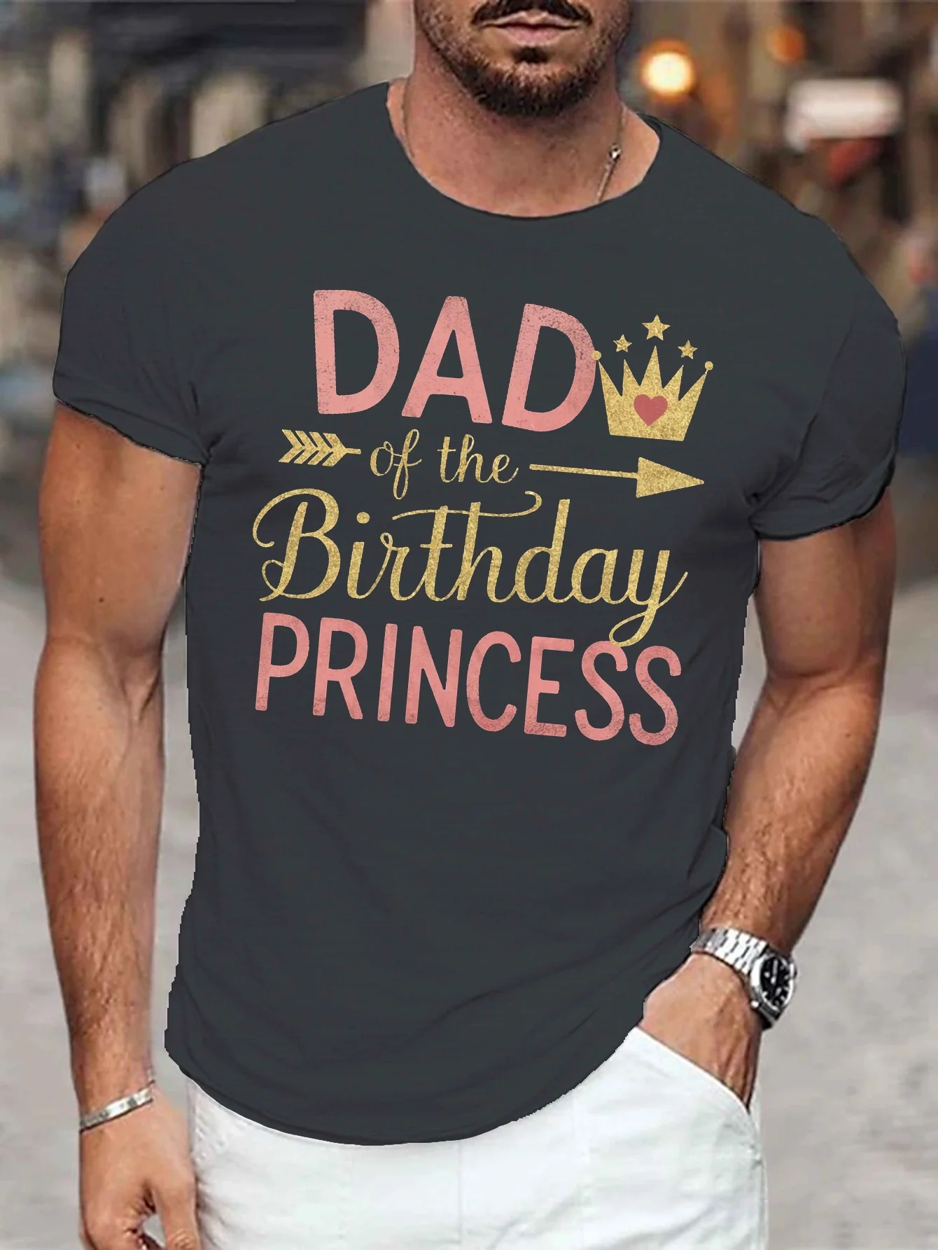 Dad of the Birthday Princess" Men's T-Shirt - Casual Short Sleeve, Breathable Polyester, Summer Tee with Geometric Print, Print Tee Shirt, Tees