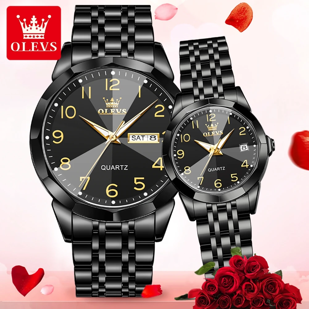OLEVS 9970 Paaruhr, Luxusmarke, Original-Quarzuhr für Herren und Damen, Edelstahl, wasserdicht, Armbanduhr-Sets für Sie oder Ihn