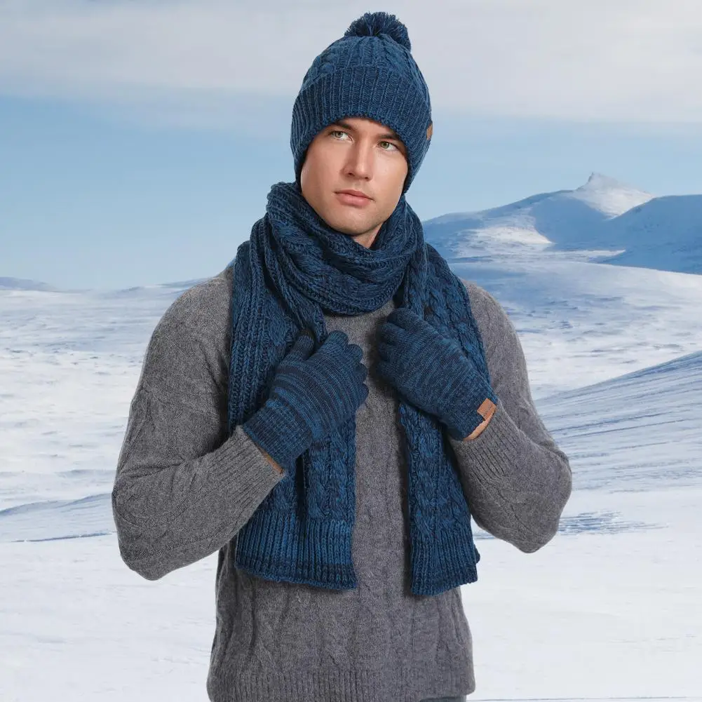 Warm Knit Beanie Hat and Scarf Set para homens e mulheres, luvas touchscreen, esqui, patinação, camping, condução, esportes ao ar livre, presentes, inverno, 3pcs