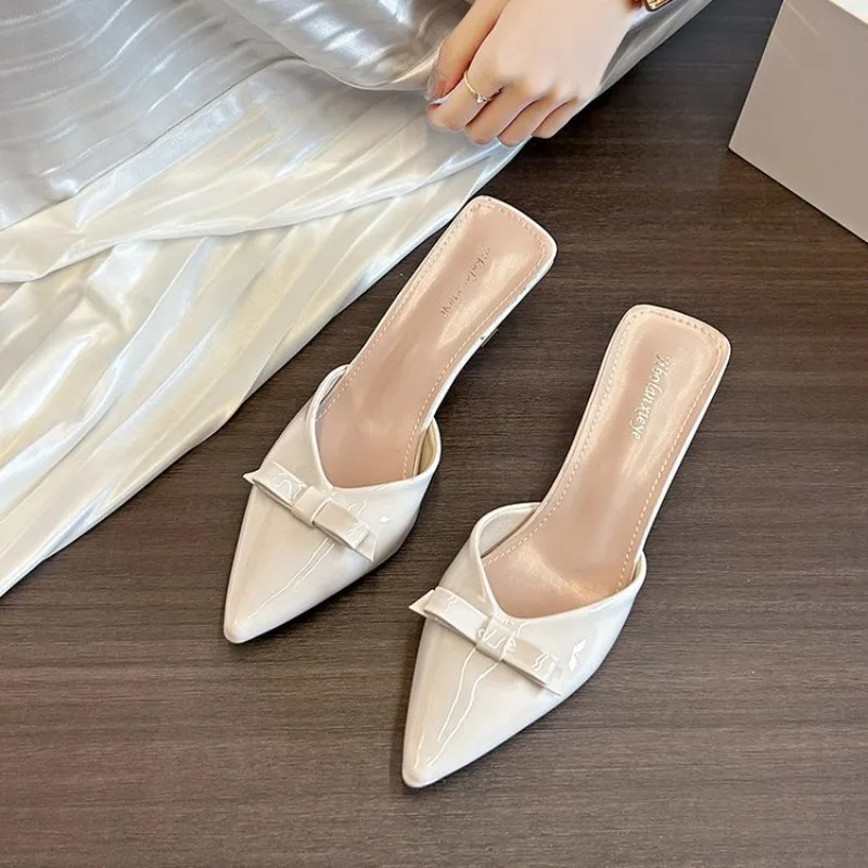2026 Summer Fashion Women Sandals Exquisite Bowknot Pointed Toe Slippers Minimal Elegant Ladies Thin High Heels Shoes
