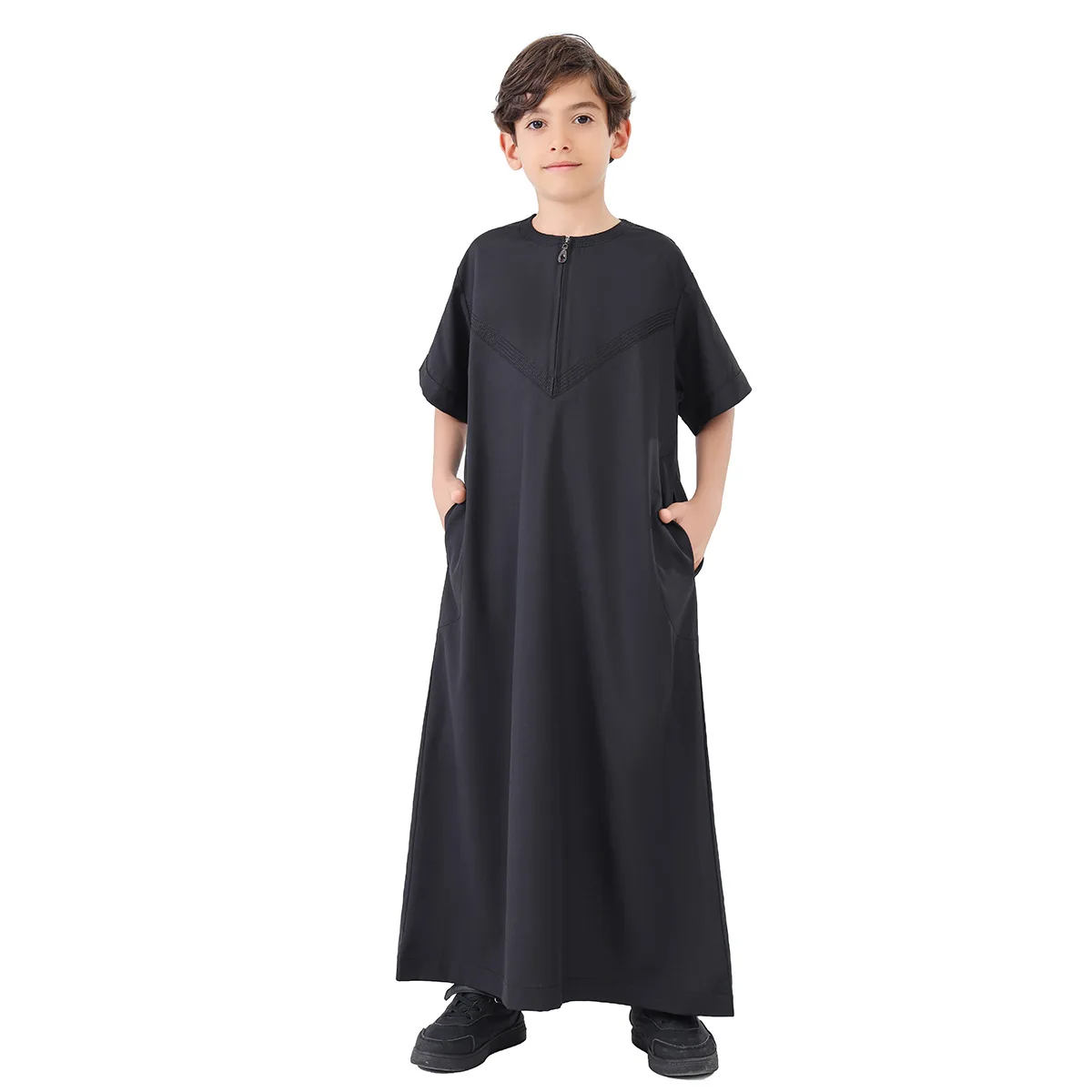 소년 Jubba Thobe 키즈 드레스 Eid 이슬람 긴 가운 지퍼 짧은 소매 2025 라마단 어린이 사우디 착용 Abaya Caftan 두바이 아랍