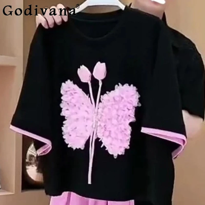

Summer New Three-dimensional Flower Versatile Fashion Crew Neck Top Contrasting Color Short Sleeve Black Loose Versatile T-shirt