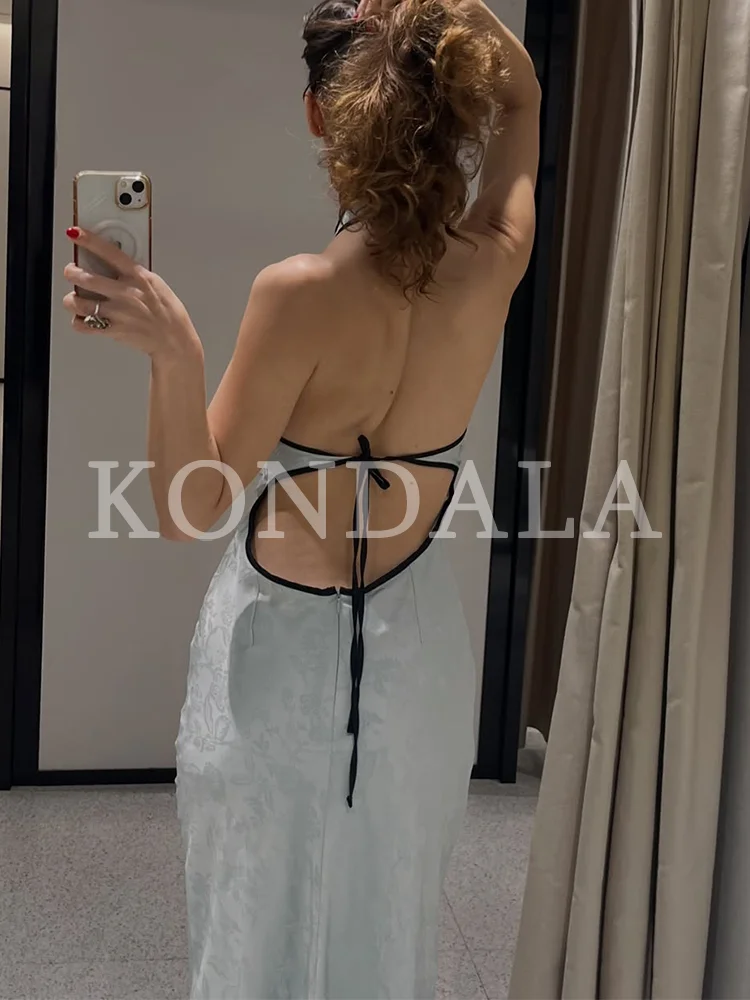 KONDALA Women Elegant Chic Jacquard Halter Long Dress Summer Holiday Dinner Backless Dress 2026 Trendy Knot Buttons Slim Dress