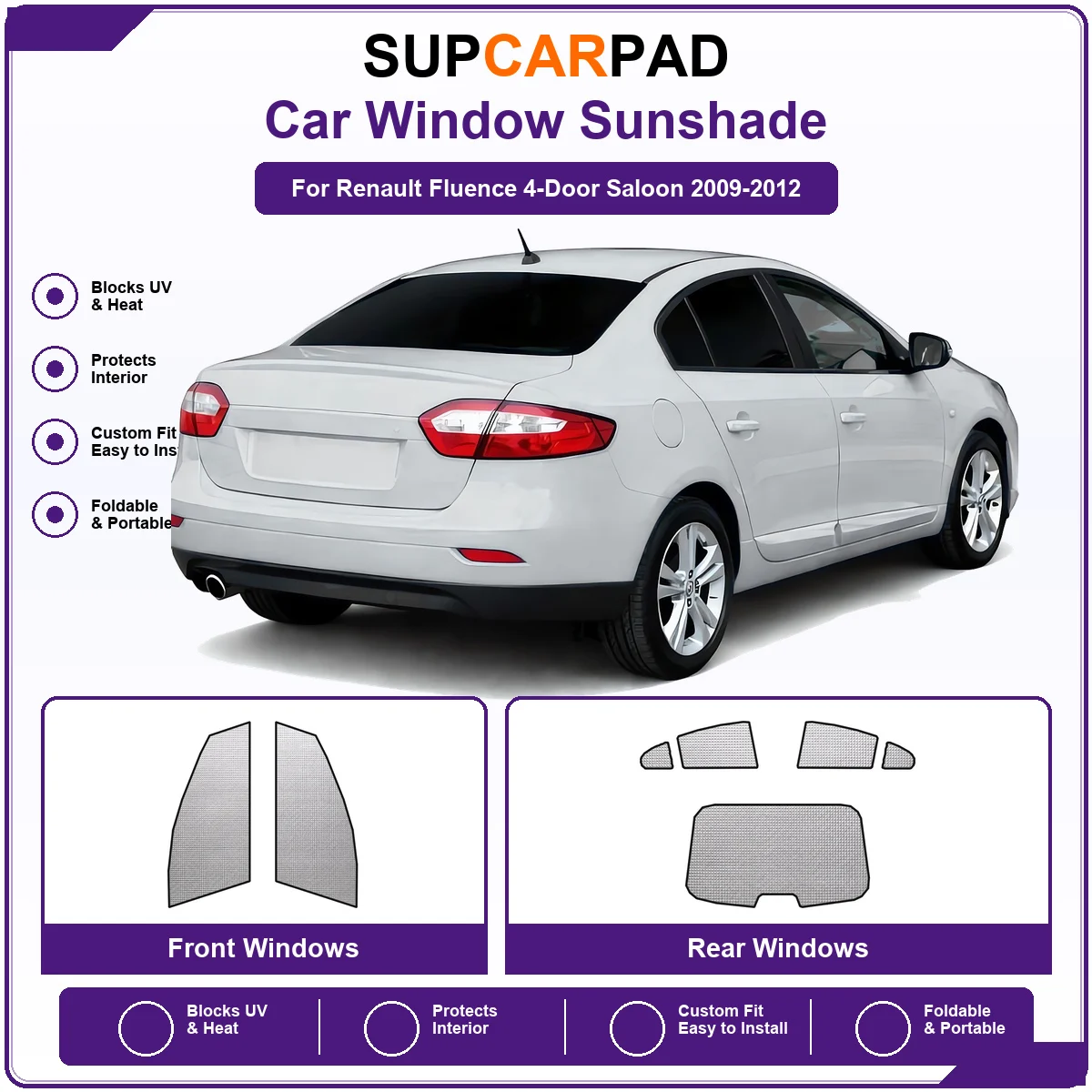 For Renault Fluence 4-Door Saloon 2009-2012 Pre‑Cut Auto Window Sunshade Anti‑UV Car Sun Visor Protector