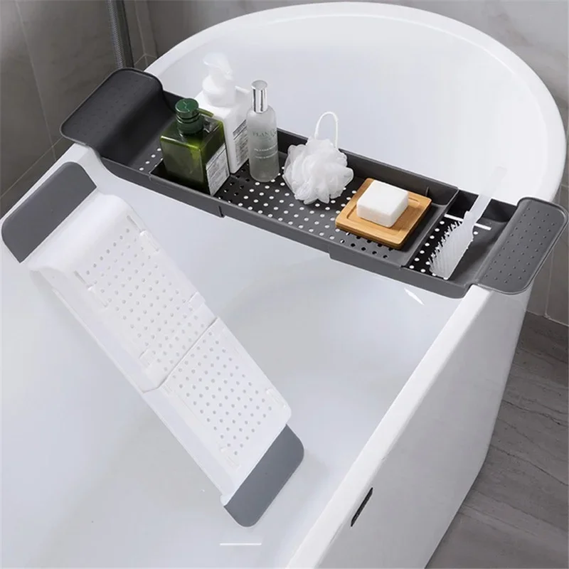 Bamboo Bath Tub Rack Extendable Bathtub Shelf Bathroom Tray Shower Caddy Towel Book Holder Storage Organizer Accessories