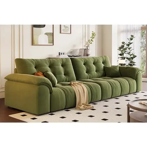 French retro cloud fabric sofa living room small apartment straight row three people cream style Internet celebrity cat claw clo