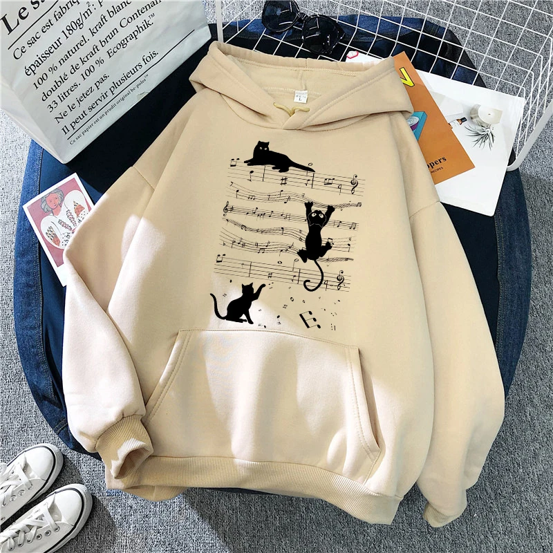 Kawaii Music Cat Design Printed kangaroo Pocket Hoodies Clothes Women's Casual Hooded Sweatshirts Graphic Gothic Y2k Streetwear