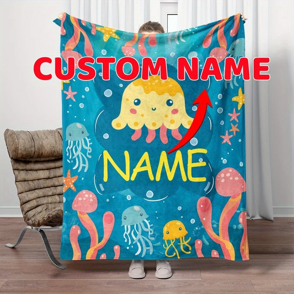 1Pc Custom Name/Text Cute Octopus Design Flannel Blanket, Soft and Comfortable,Suitable for Office, Sofa, Home, Unique Present