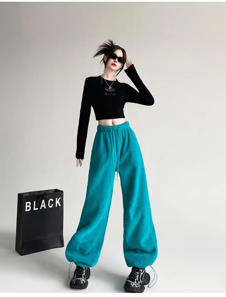 Winter Double-Sided Fleece Wide-Leg Pants Women's Thickened High-Waisted Loose Lounge Trousers Warm Cozy Casual Baggy Pants