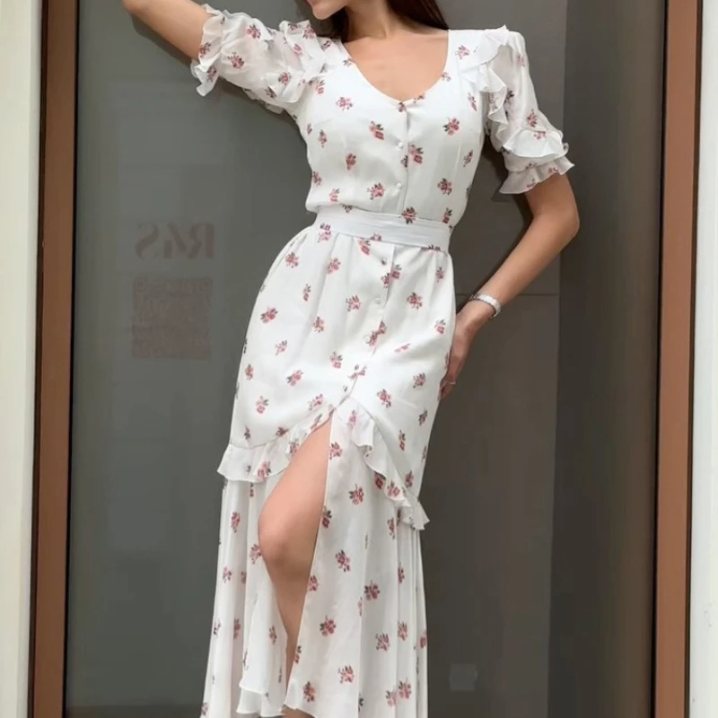 

TARUXY Elegant Stylish Printed Short-Sleeve Dress Women's Ruffled V-Neck Slit Lace Up Maxi Commuting Dress Summer Vacation Dress