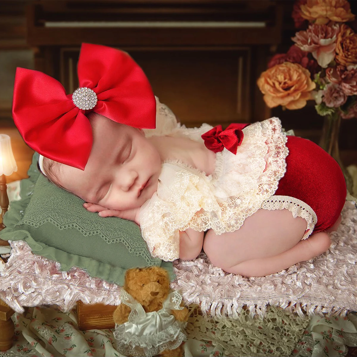 Ylsteed Newborn Lace Romper with Matching Ribbon Bow Headband Baby Girl  Photography Outfits Red Rhinestone Hairband