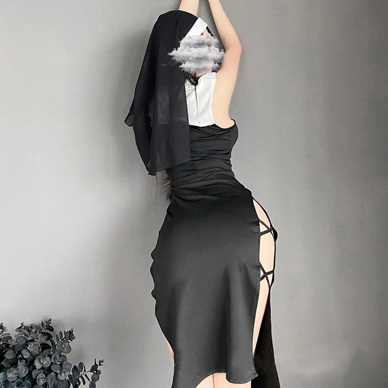 Sexy Nun Cosplay Halloween Girl Costume Kawaii Erotic Clothing New Anime Goth RolePlay Outfit Woman Vintage High Slit Dress Suit