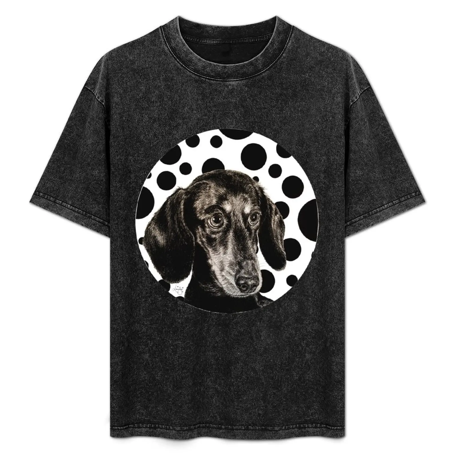 

Dachshund Dog Art, Black and White polka dots pattern T-Shirt Plus Size Workout Short Sleeve Top
