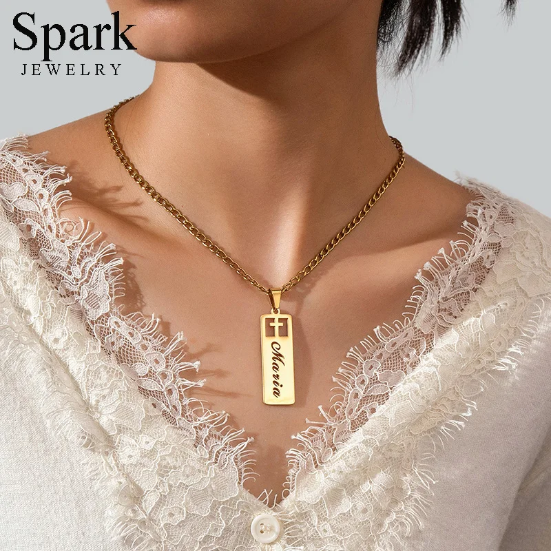 Spark New Customized Name Cross Necklaces Stainless Steel Personalized Pendant For Women Men Jewelry Gift