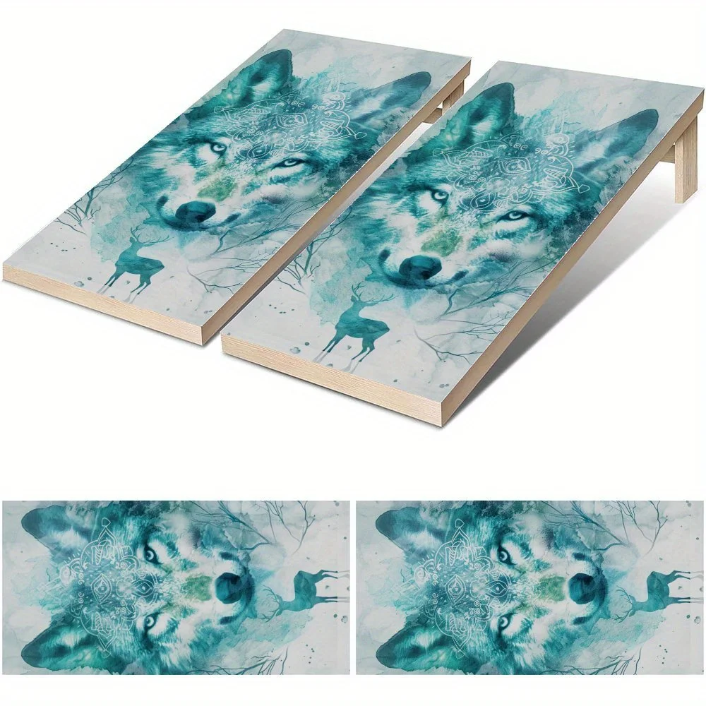 

Водонепроницаемая виниловая доска Cornhole с акварельным волком и оленем, дизайн настольной игры из ПВХ для игр на открытом воздухе, идеально подходит для занятий спортом и отдыха.