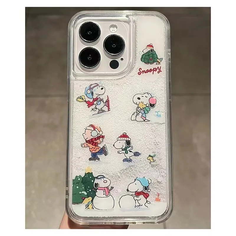 Funny Cute Skiing Snoopy Pink Heart Love Liquid Quicksand Phone Cover For iPh one 11 12 13 14 15 Pro Max Cartoon Snowman Case