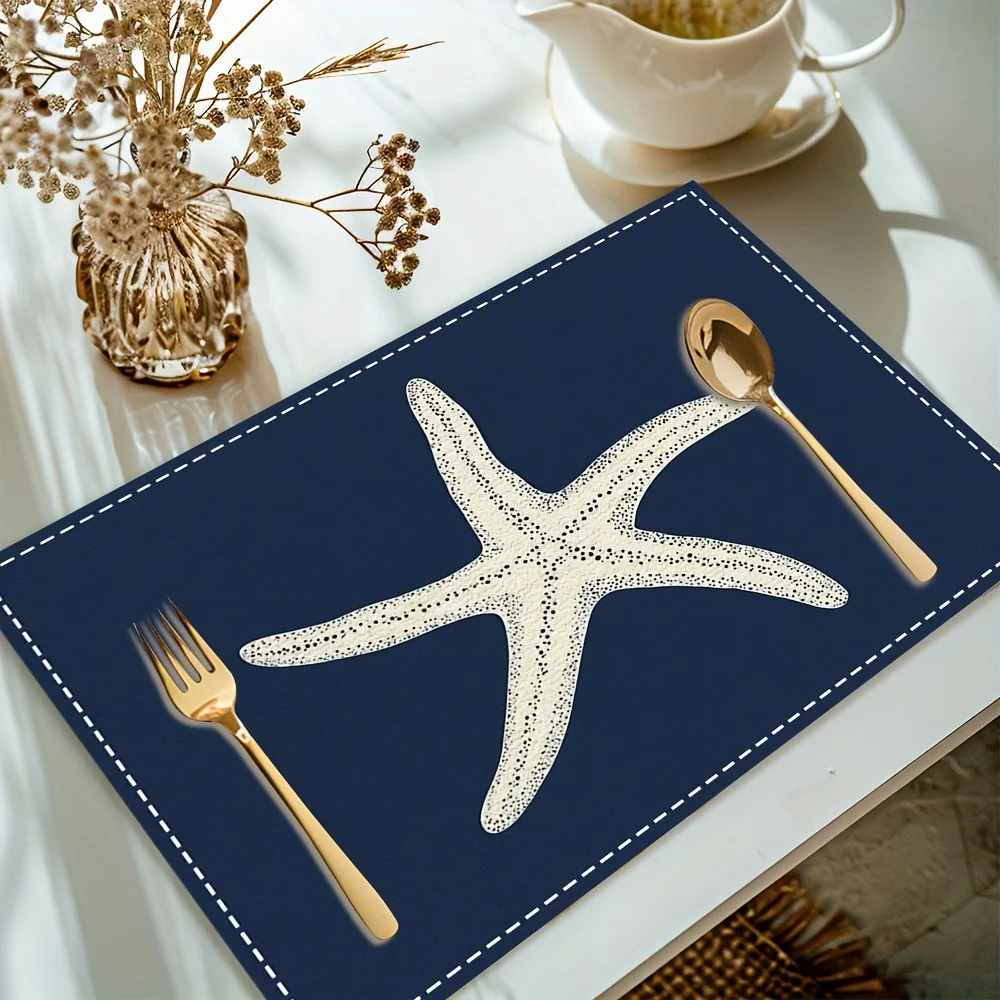 Starfish Placemats Set Of 4 Navy Blue Coastal Theme Linen Table Mats BeachHouse Decor Nautical Kitchen Tableware Ocean LoverGift