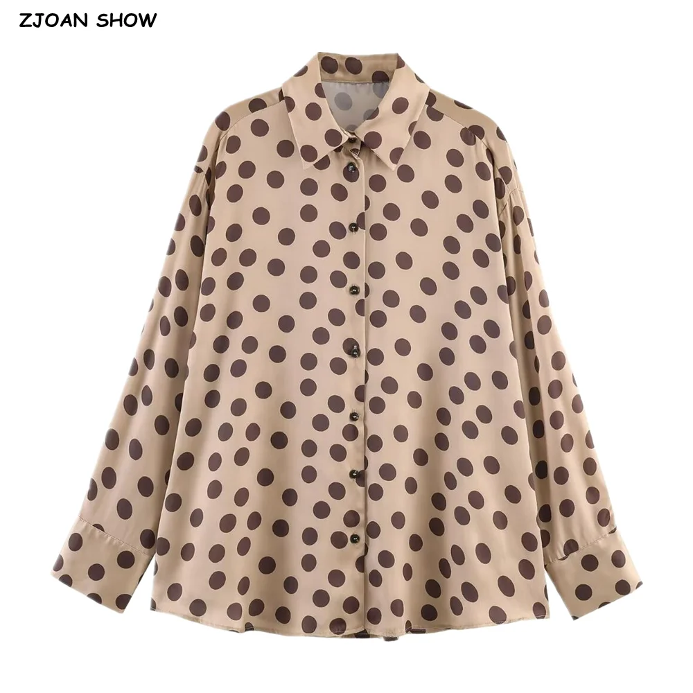 CHIC Spring Autumn Lapel Collar Khaki Polka Dot Print Satin Shirt Women Single-Breasted Buttons Full Sleeve Loose Blouses Tops