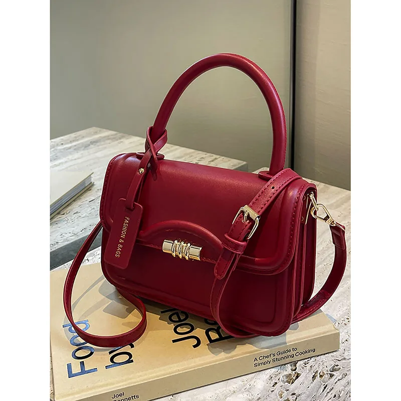 Red High Quality Simple Design Sense Small Square Bag Korean Texture Solid Crossbody Bag Women\'s 2024 New High-End Shoulder Bag