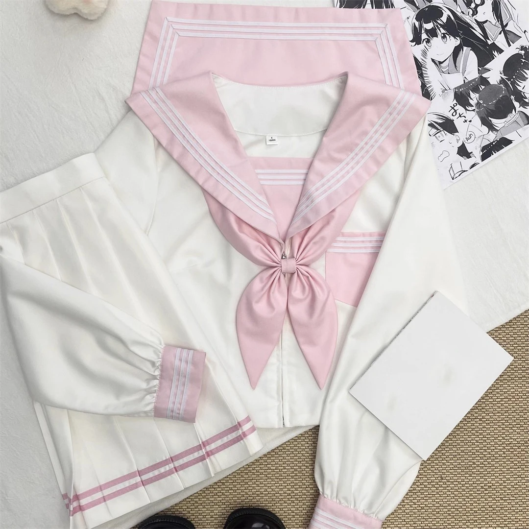 Abito da marinaio bianco rosa per donna ragazza giapponese scuola superiore Seifuku marinaio Fuku manica lunga corta studenti coreani uniformi Jk Set