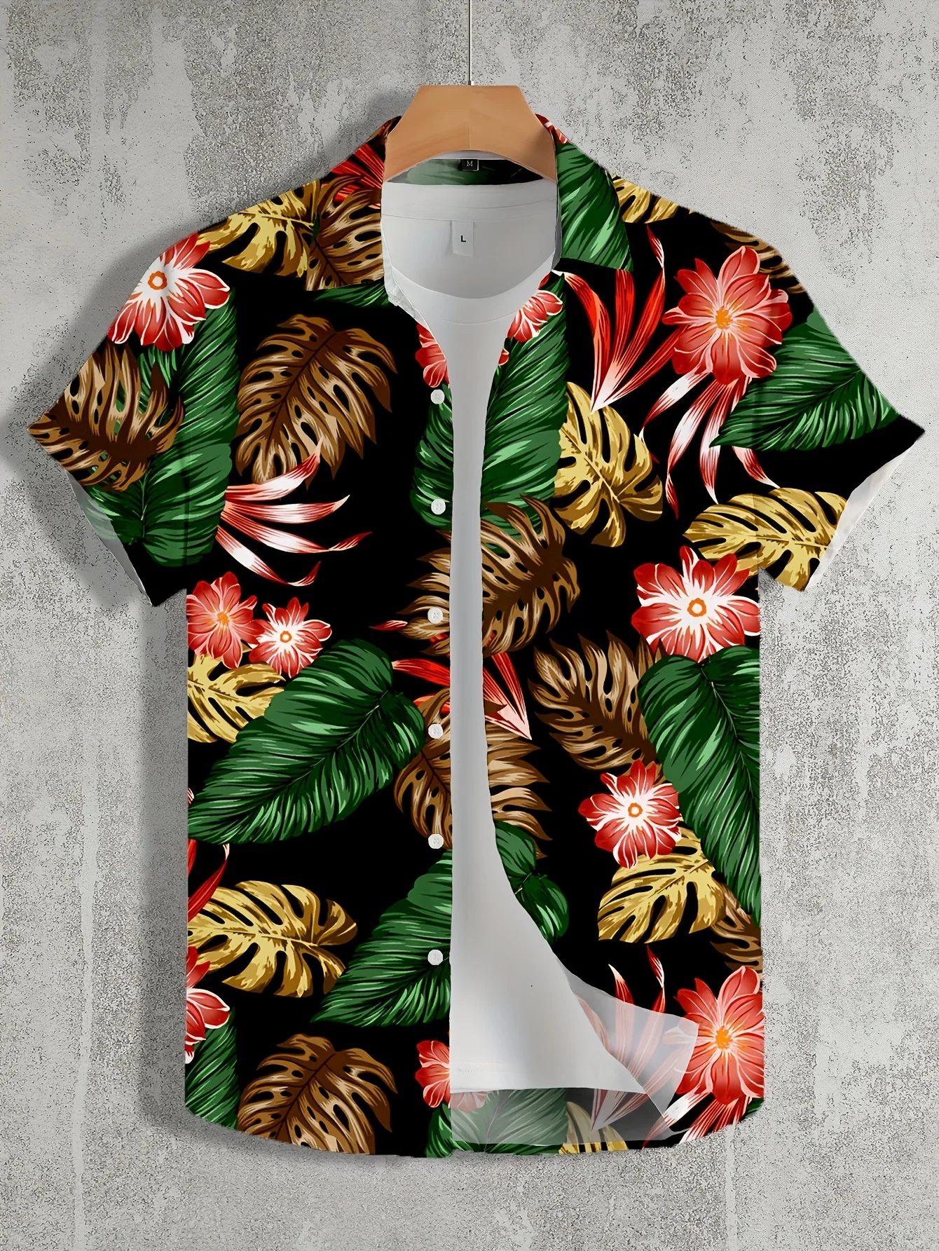 Men Black Red Gold Monstera Hibiscus Tropical Floral Print Cuban Collar Shirt